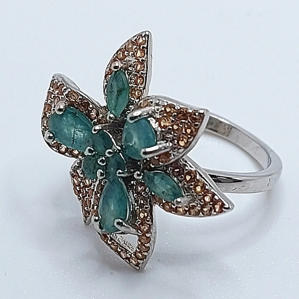 Natural Emerald 6x4mm & Sapphire 925 Sterling Silver Ring Sz 6. - Picture 4 of 8